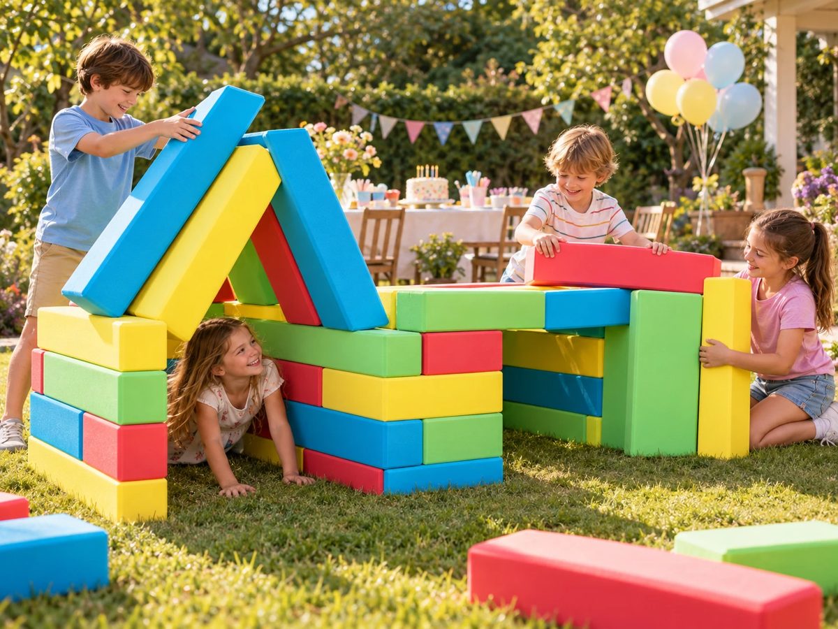 Kinder bauen bei einem Gartenfest mit Luftballons und Geburtstagstisch