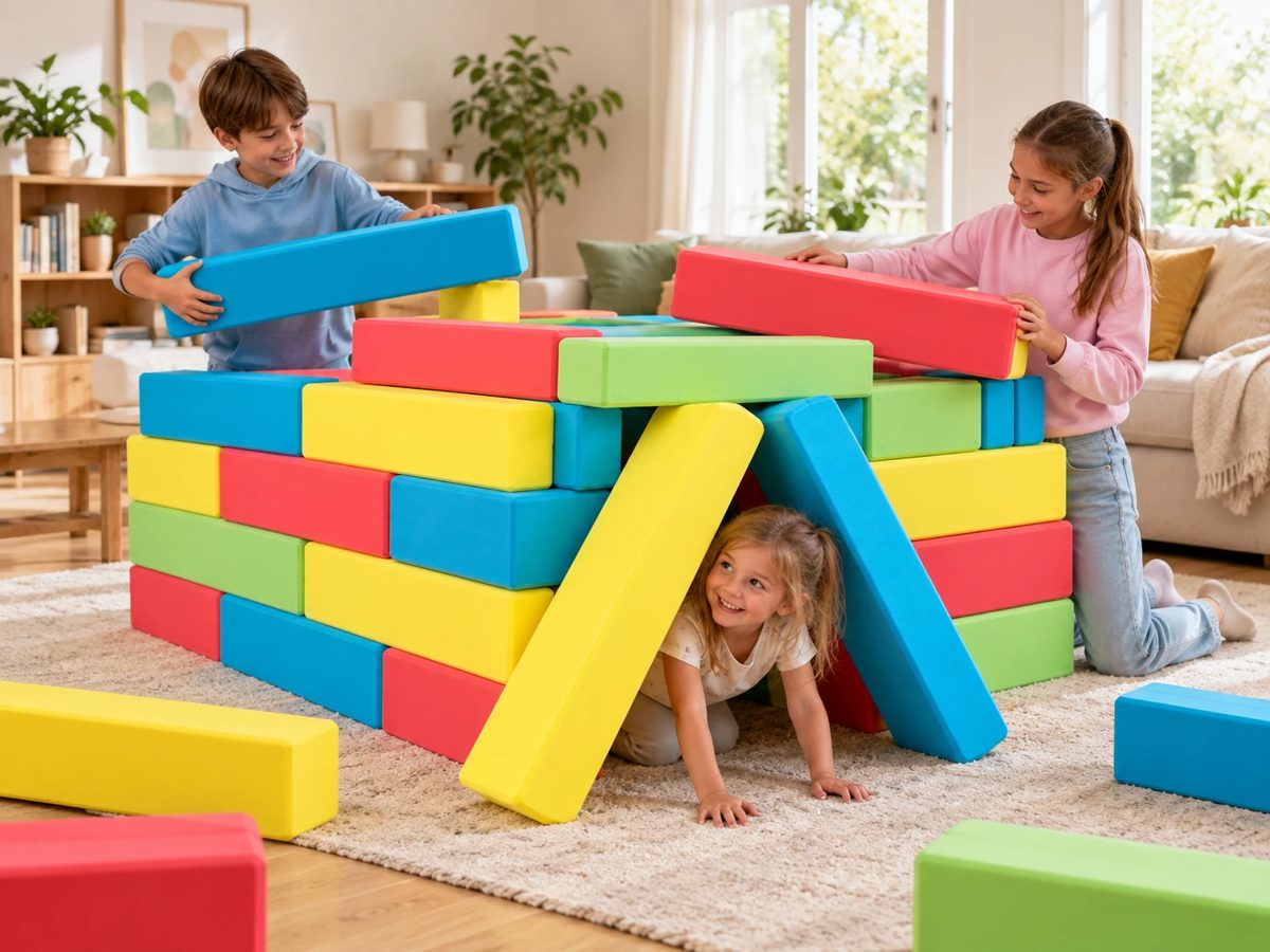Drei Kinder bauen im Wohnzimmer eine Hütte aus großen bunten Bausteinen